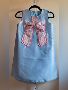 Hucklebones London Gilded Bow Shift Dress Alice Blue Pink Glitter Bow NWT 12Y